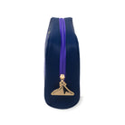 Navy blue pouch with purple zipper and gold emblem on a white background