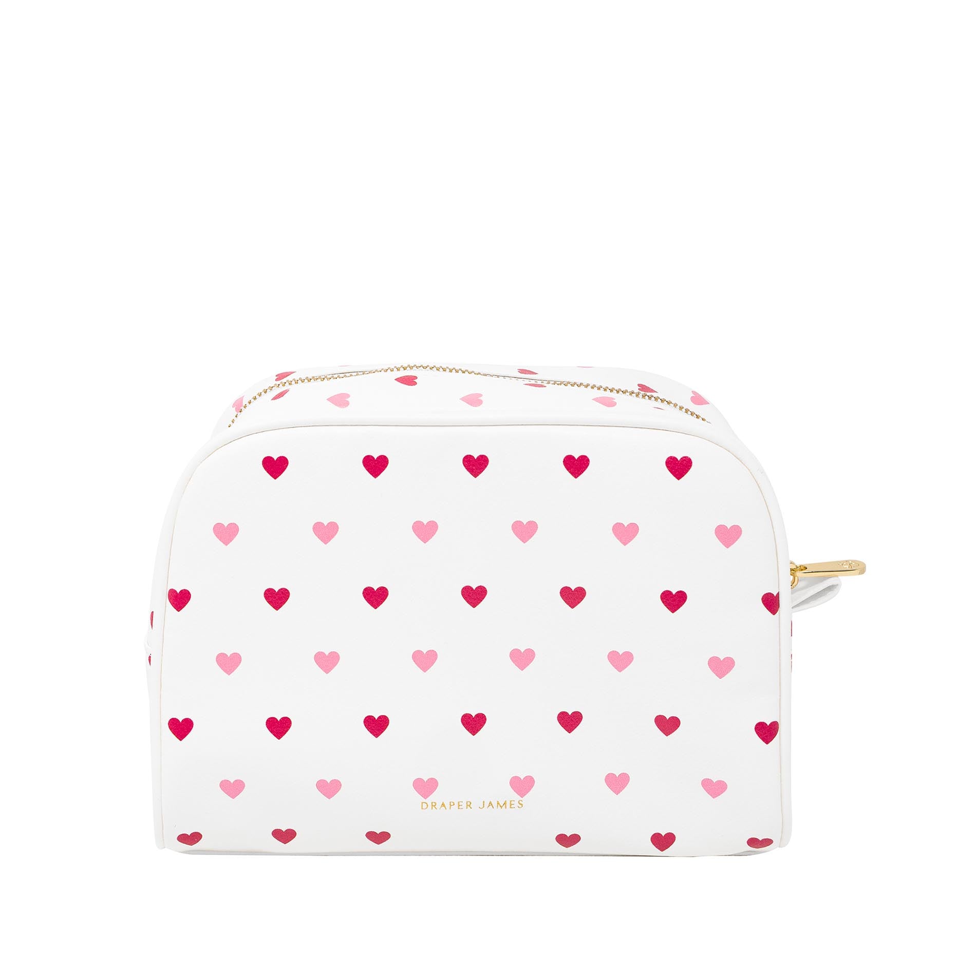 White pouch with red and pink heart pattern on a white background
