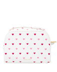 White pouch with red and pink heart pattern on a white background
