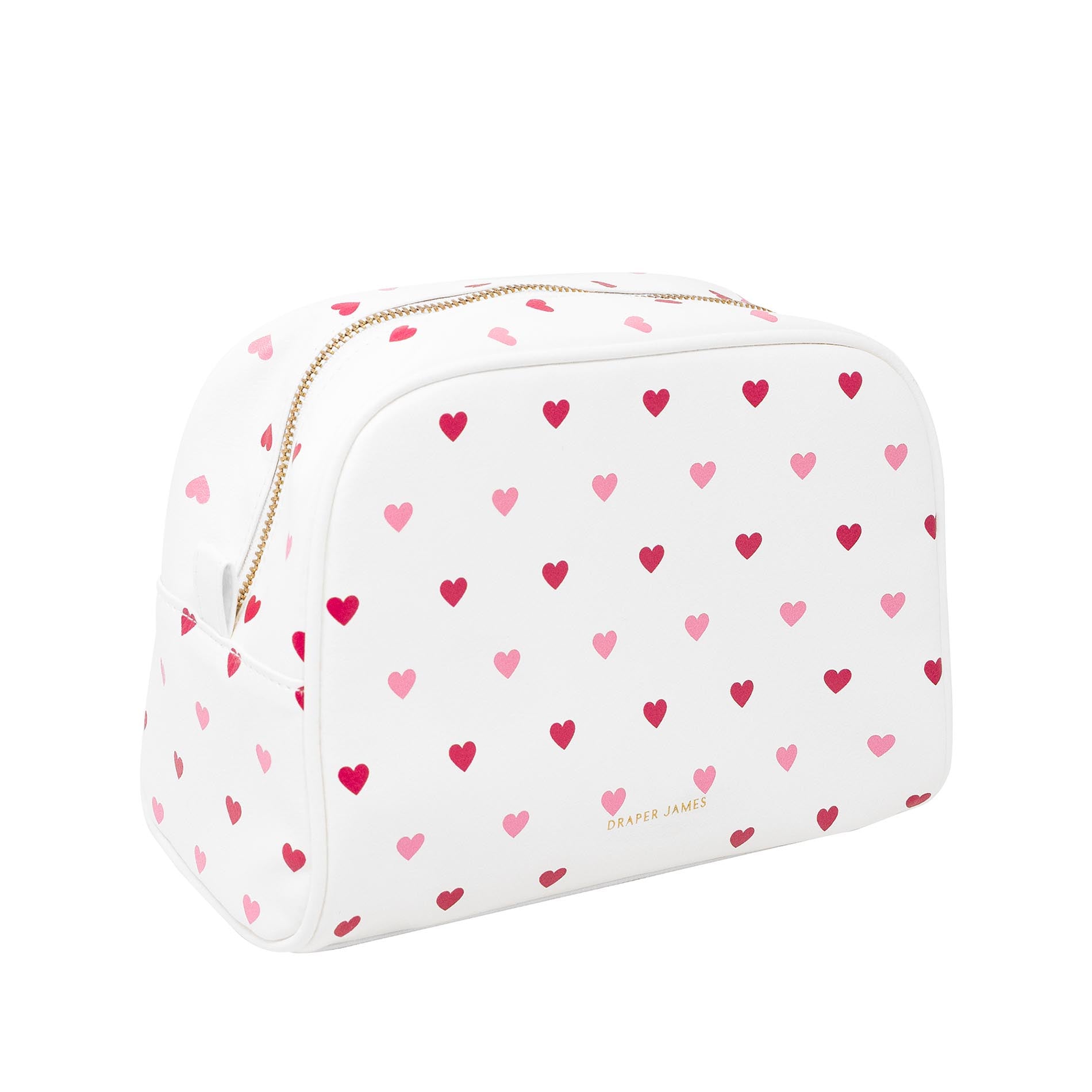 Side view of white cosmetic bag with pink and red heart pattern on a white background