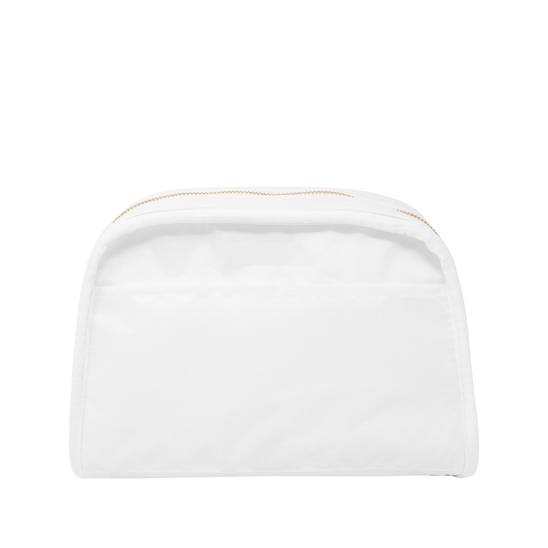 White pouch with gold trim on a white background