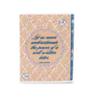 A decorative book or notebook cover shown upright on a white background, featuring a peach floral lattice pattern, blue script text reading 'Let us never underestimate the power of a well-written letter. JANE AUSTEN,' and a blue spine edge visible on the right.