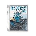 Ceramic book candle of 'The Odyssey Homer' featuring a detailed front cover illustration in blue, black, and white, depicting Odysseus rowing through waves with a sea monster, set against a plain white background.