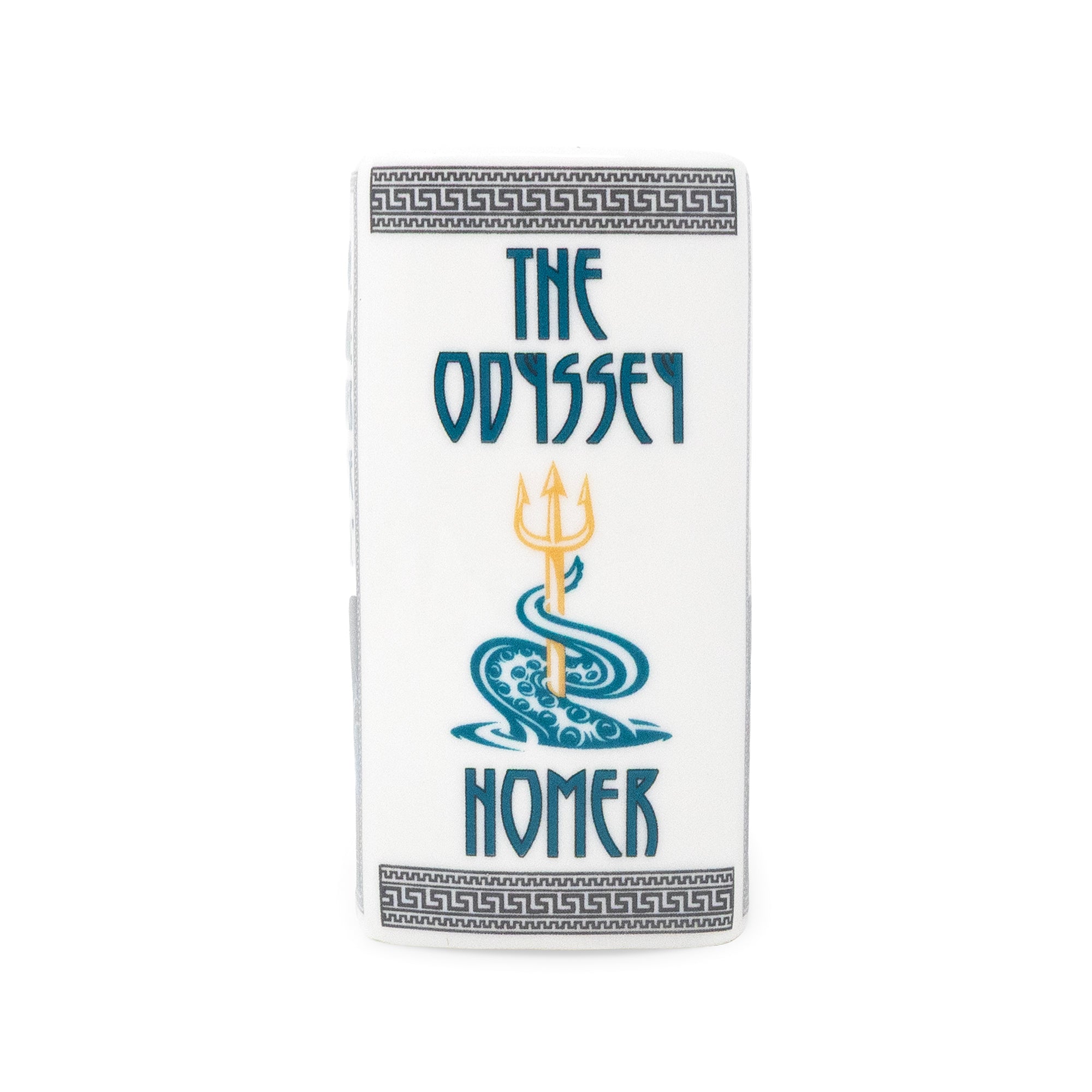 Ceramic candle featuring the title 'THE ODYSSEY HOMER' in blue text with a central trident and wave illustration, plus Greek key decorative borders at the top and bottom, shown on a plain white background.