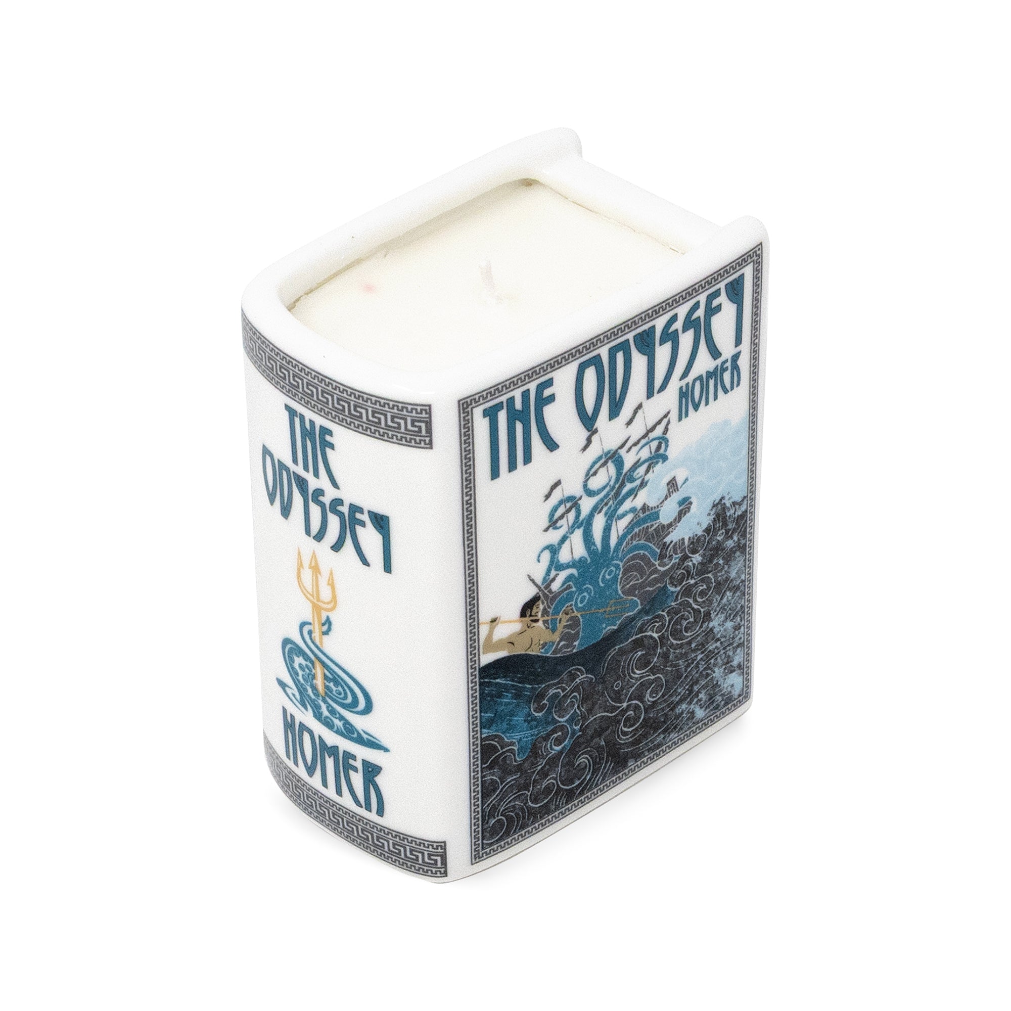 A square white ceramic candle holder featuring 'The Odyssey Homer' themed illustrations with blue sea waves, a trident, and a figure on a wave, containing white wax.