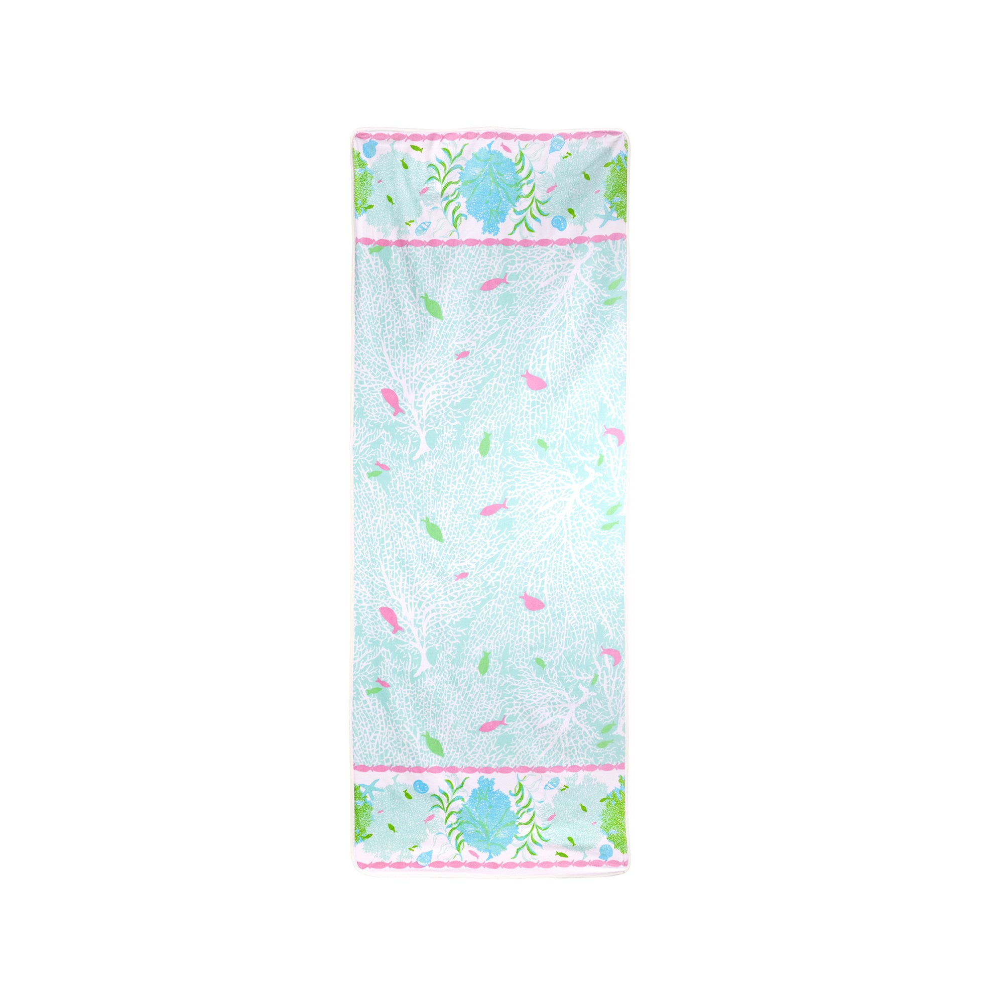 Floral patterned towel with a pink border on a white background