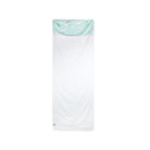 White towel with a green and white patterned border on a white background
