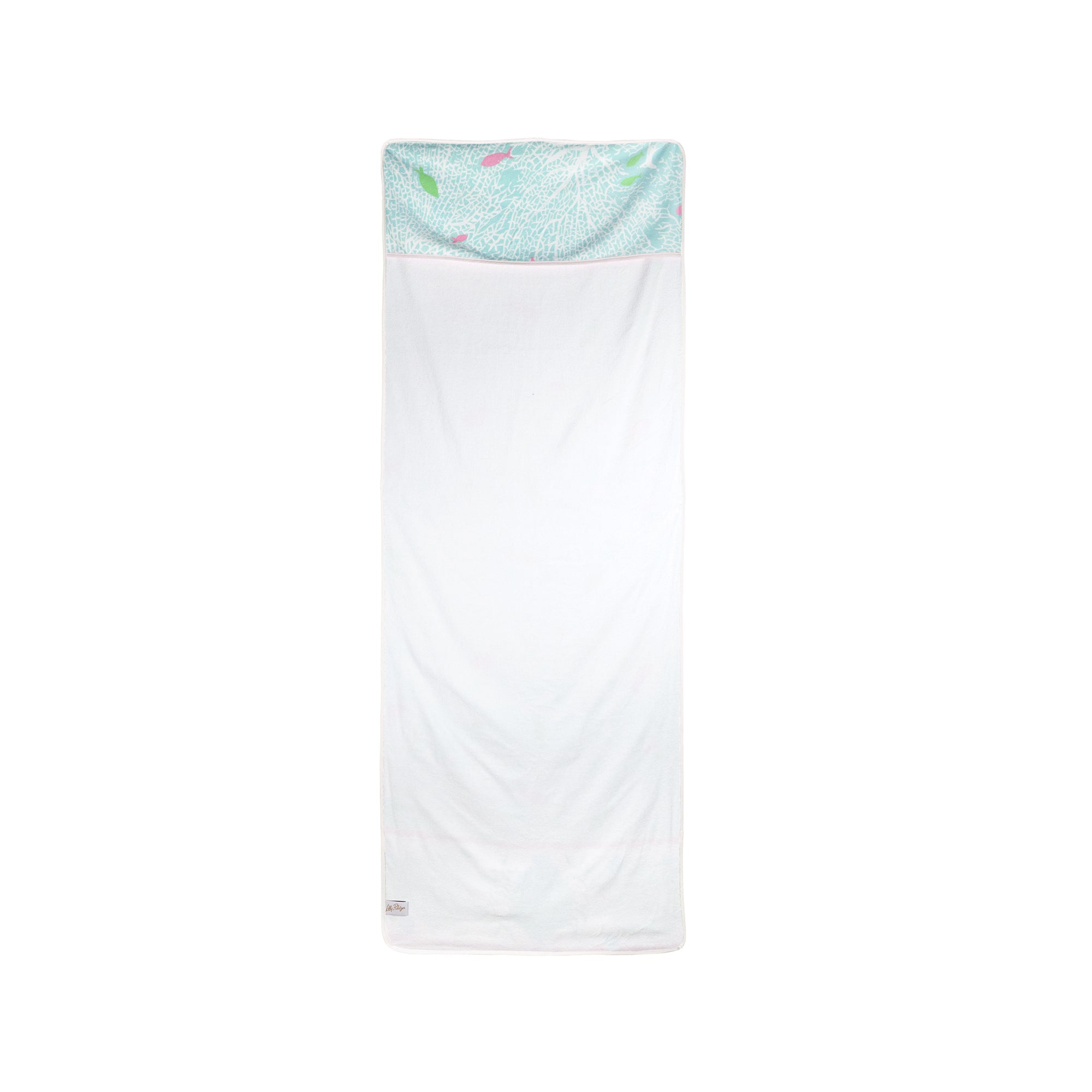White towel with a green and white patterned border on a white background