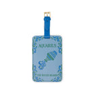 blue luggage tag with 'AQUARIUS' 'THE WATER BEARER' with a vase being poured image