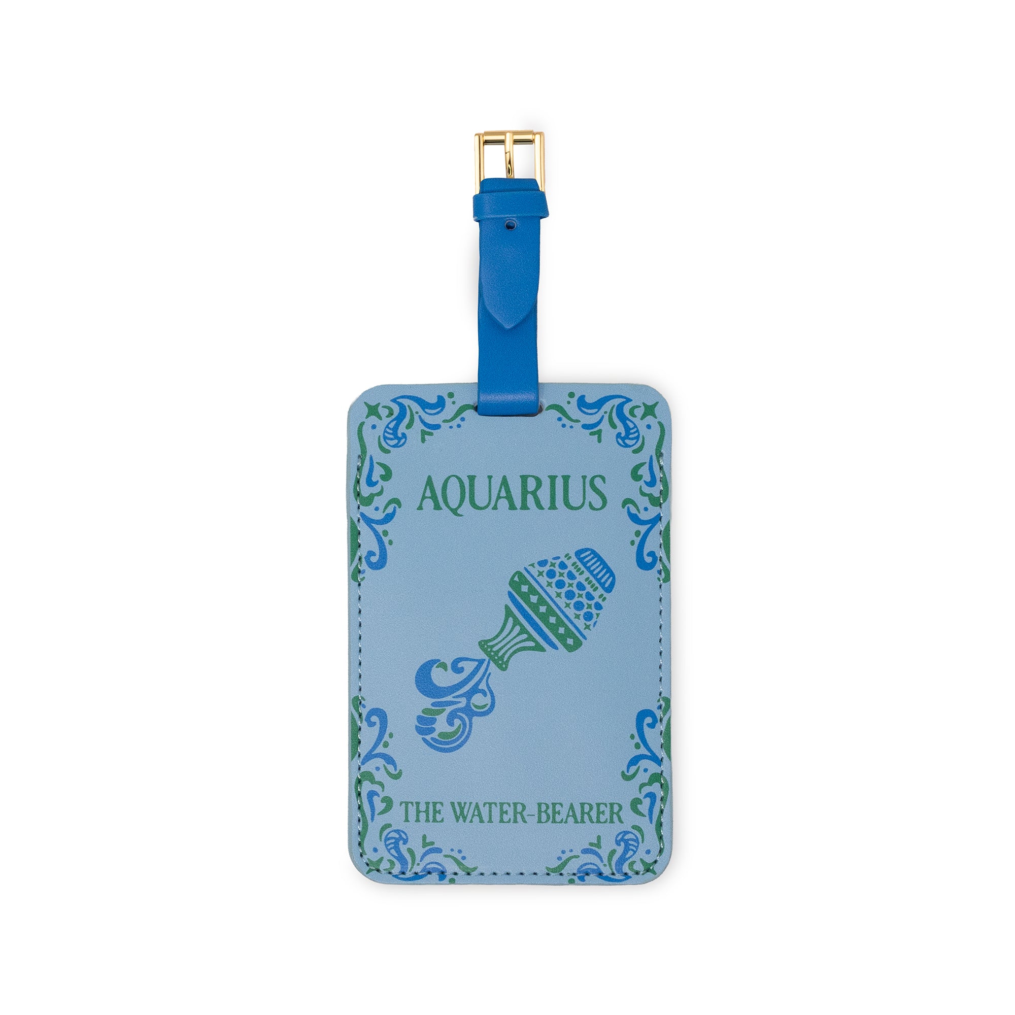 blue luggage tag with 'AQUARIUS' 'THE WATER BEARER' with a vase being poured image