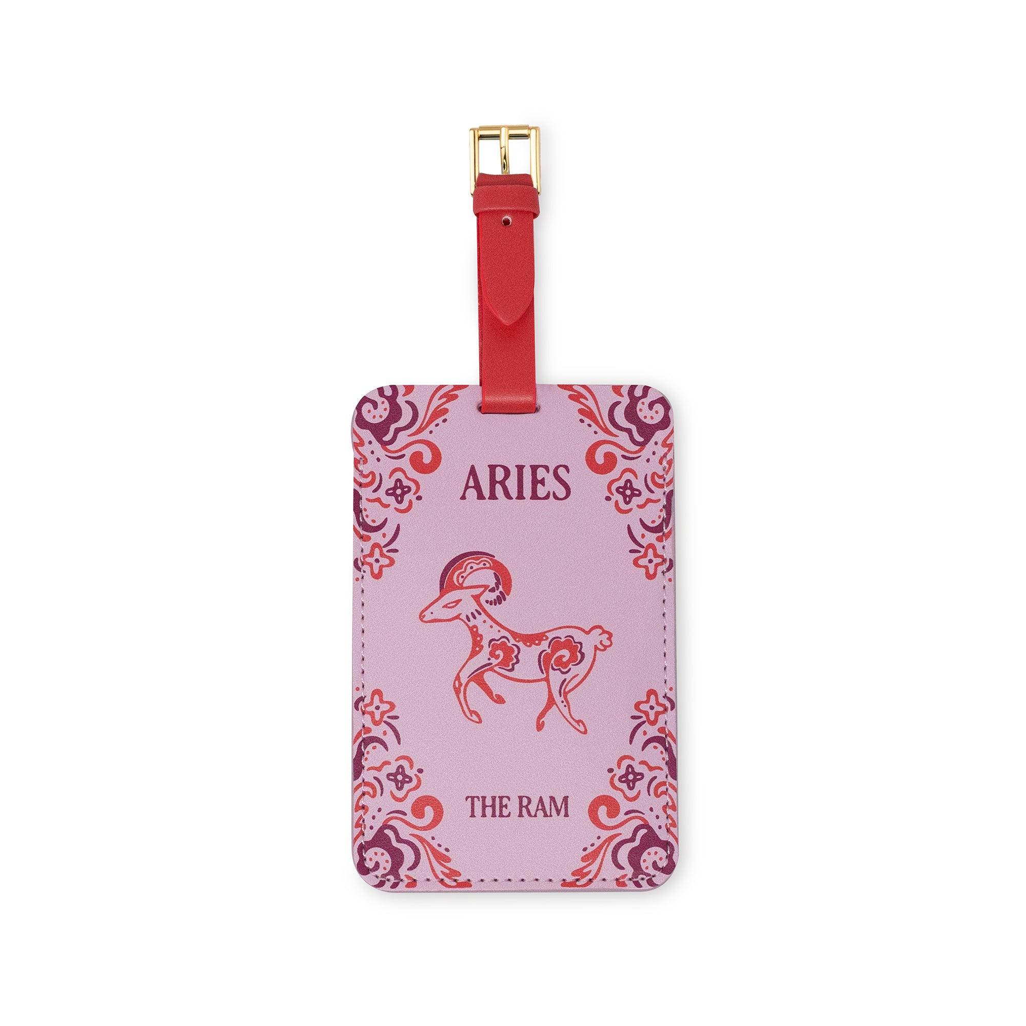 pink luggage tag that says 'ARIES' 'THE RAM' with ram image