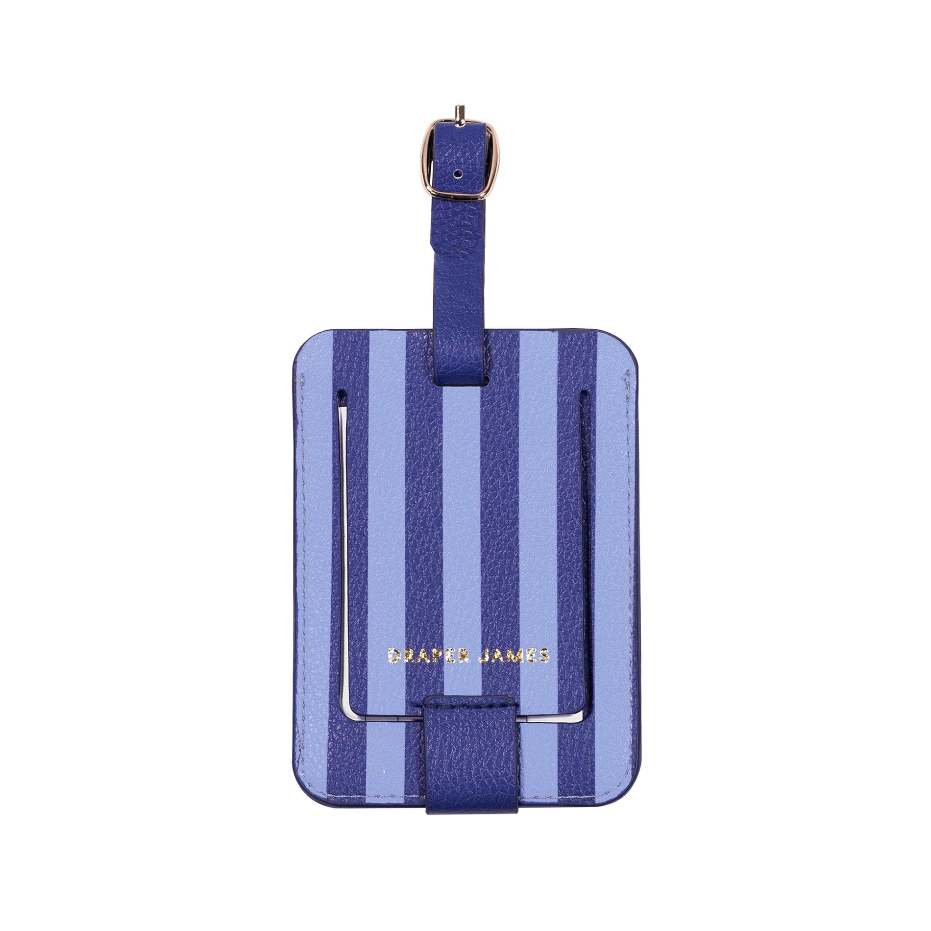 Back view of blue striped luggage tag with a strap on a white background
