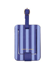 Back view of blue striped luggage tag with a strap on a white background