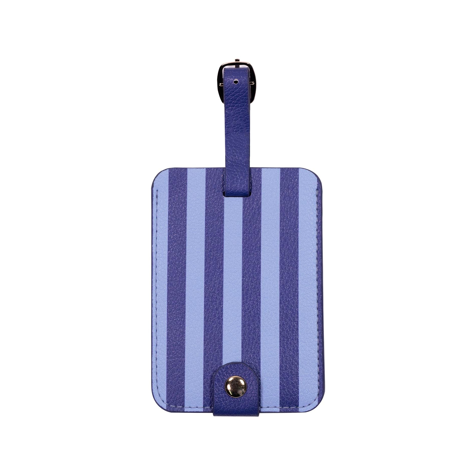 Blue striped luggage tag on a white background