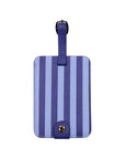 Blue striped luggage tag on a white background