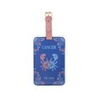 blue luggage tag with pink and blue crab and says 'CANCER' 'THE CRAB'