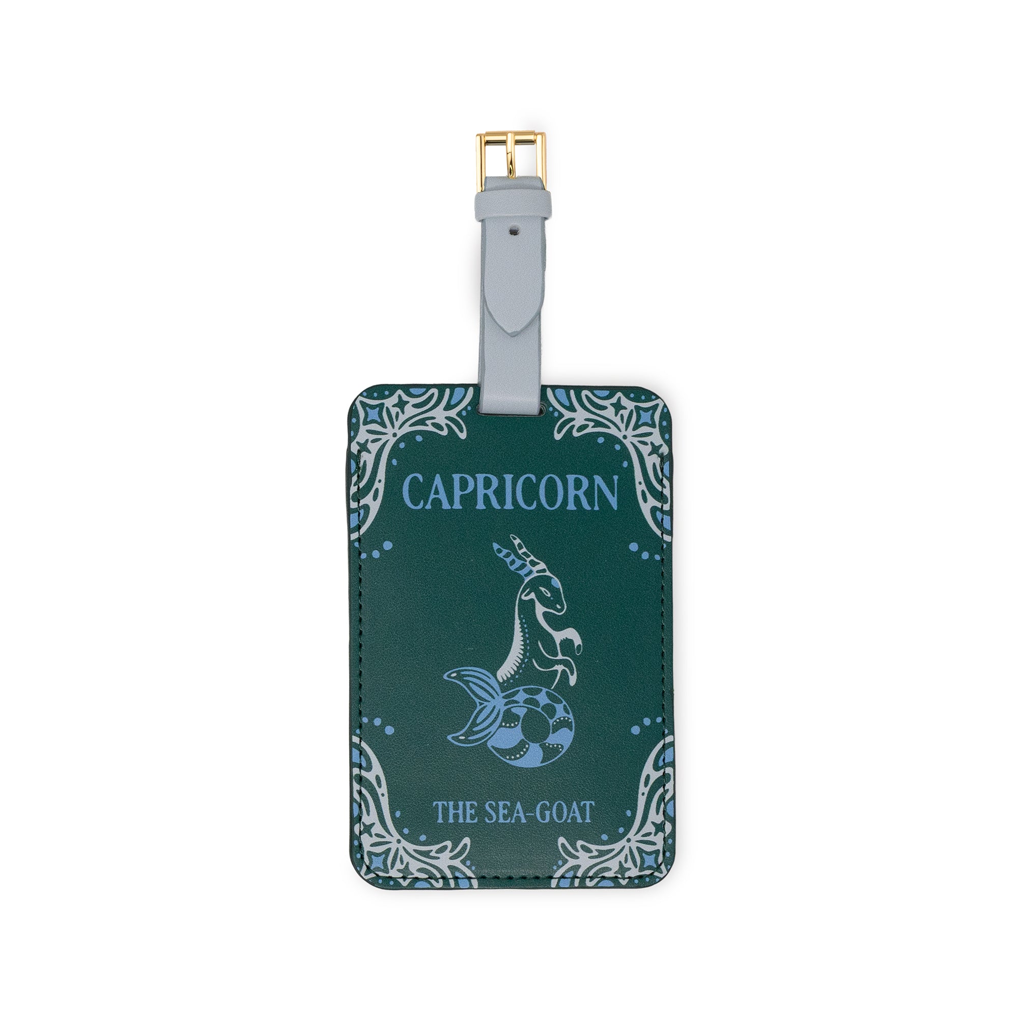 green luggage tag with 'CAPRICORN' 'THE SEA-GOAT' with sea-goat image