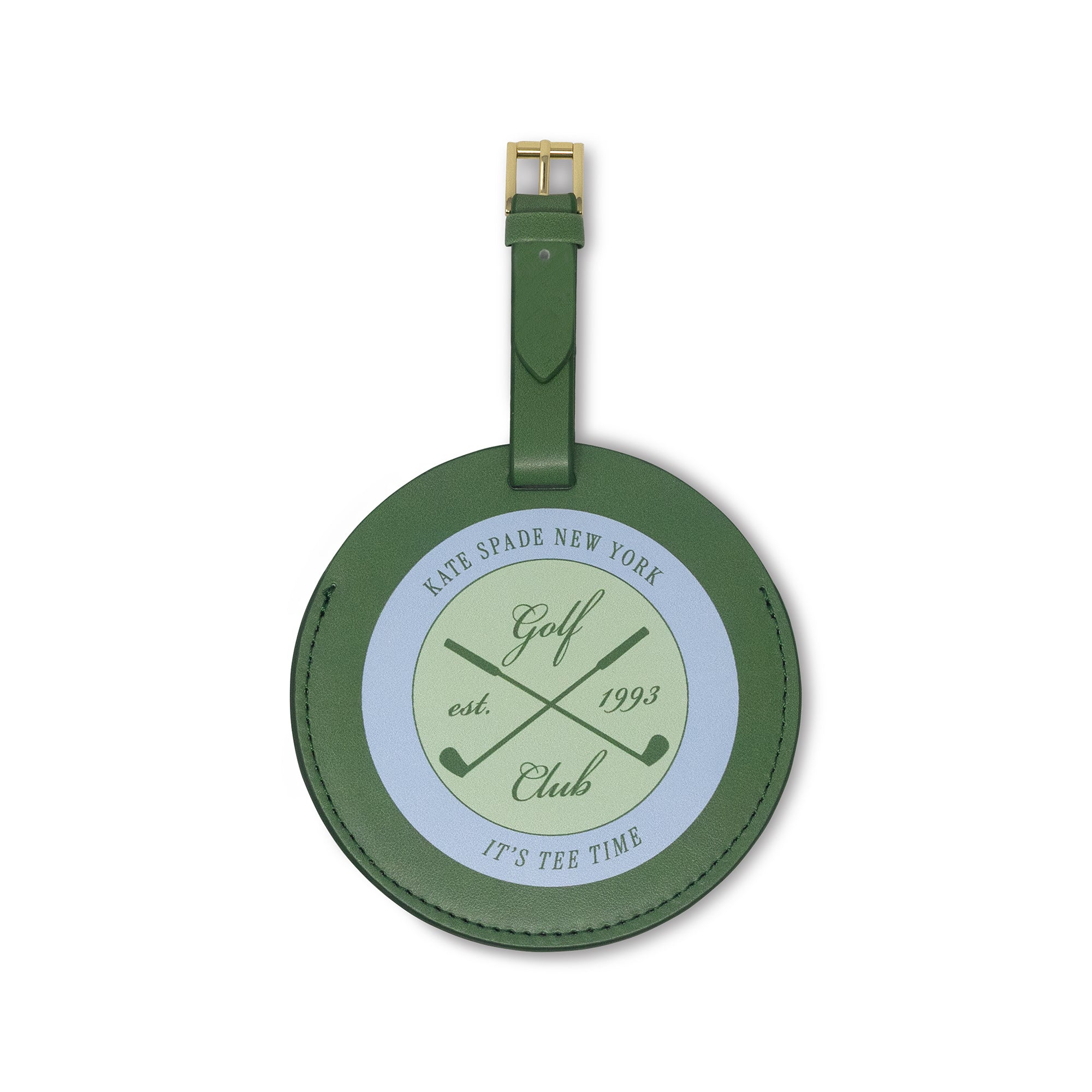 Green round luggage tag with golf club design and text on a white background