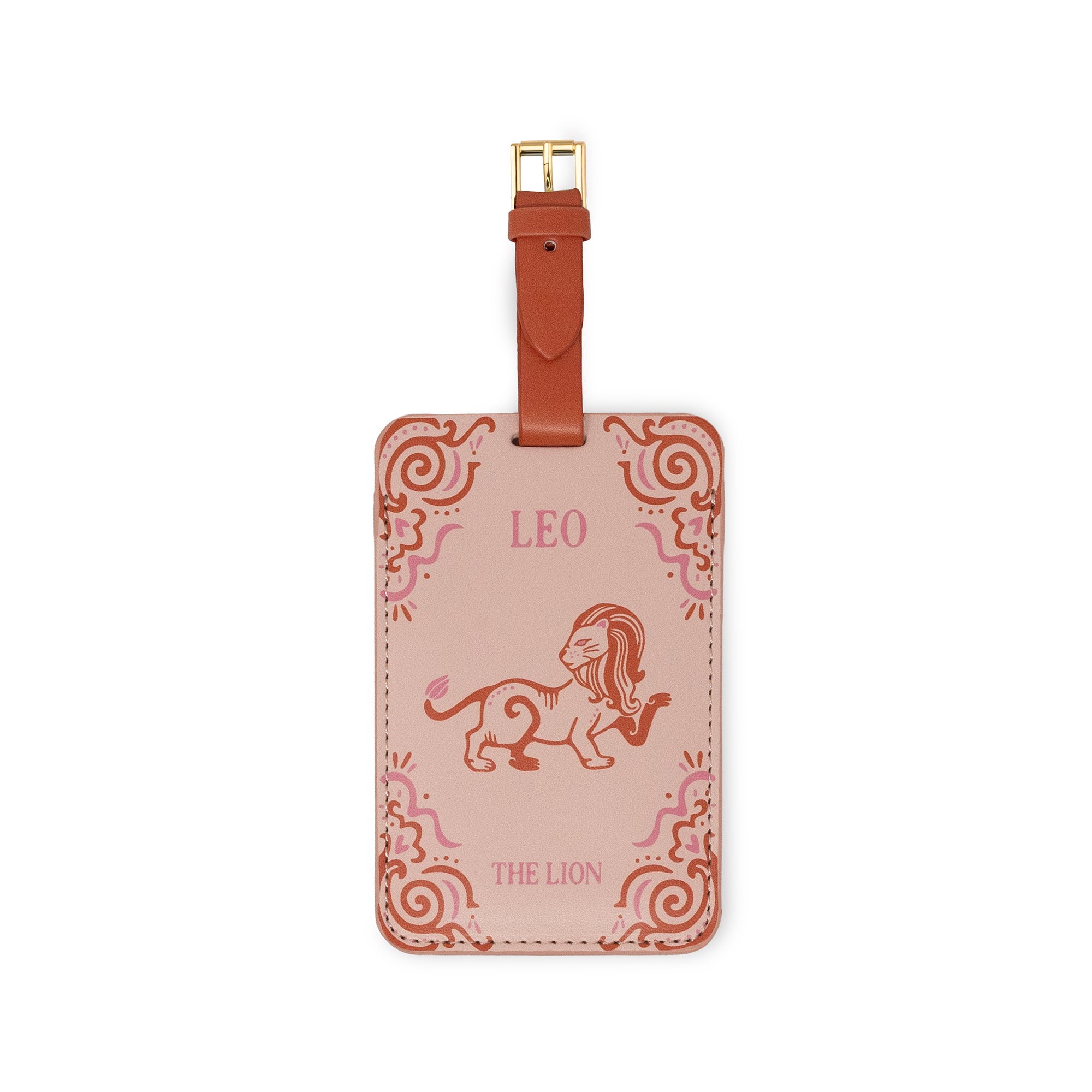 tan/pink luggage tag with 'LEO' and 'THE LIO' with a lion image