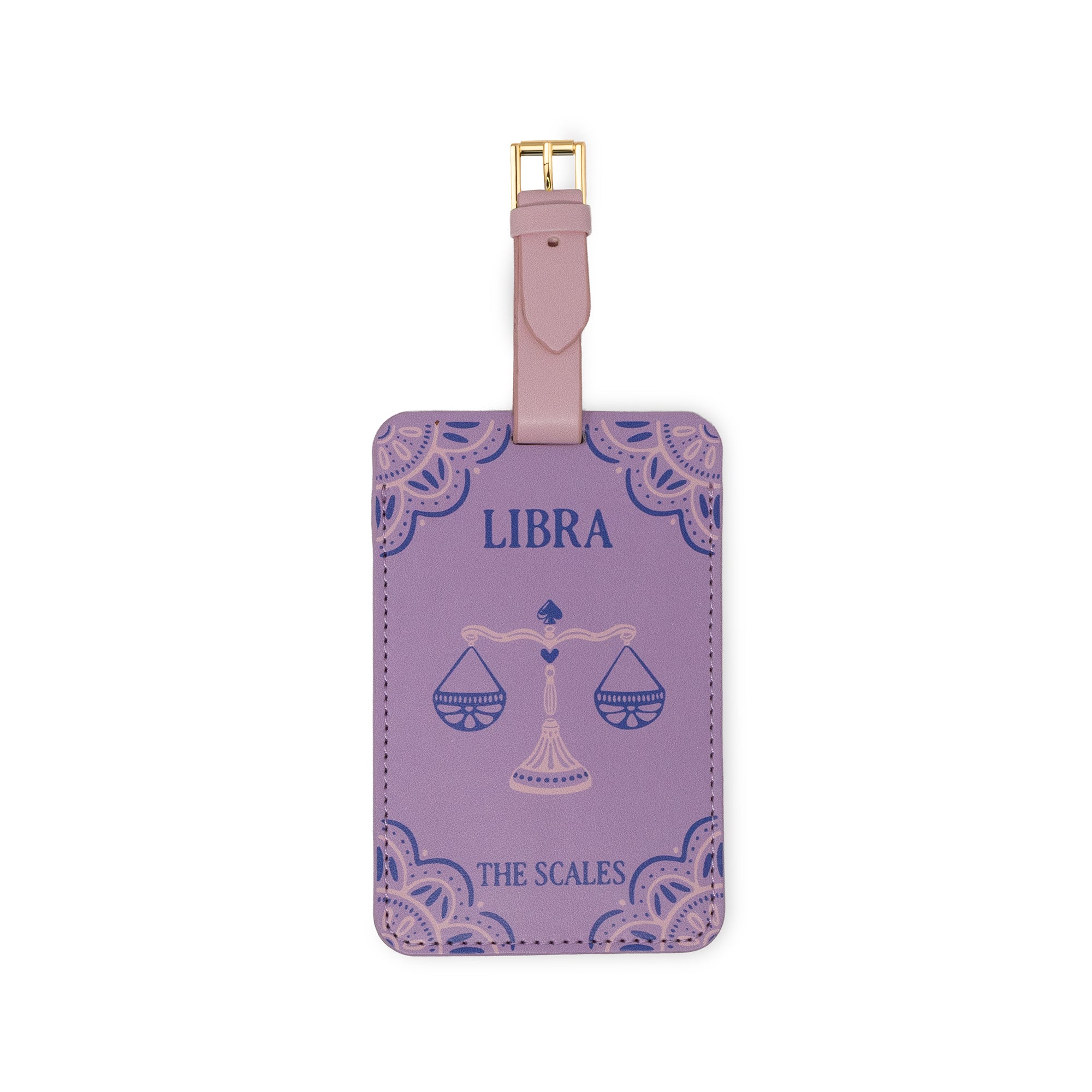 purple luggage tag with 'LIBRA' and 'THE SCALES' with scale image