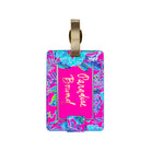 hot pink and blue tropical luggage tag with gold metallic strap and gold 'paradise bound'