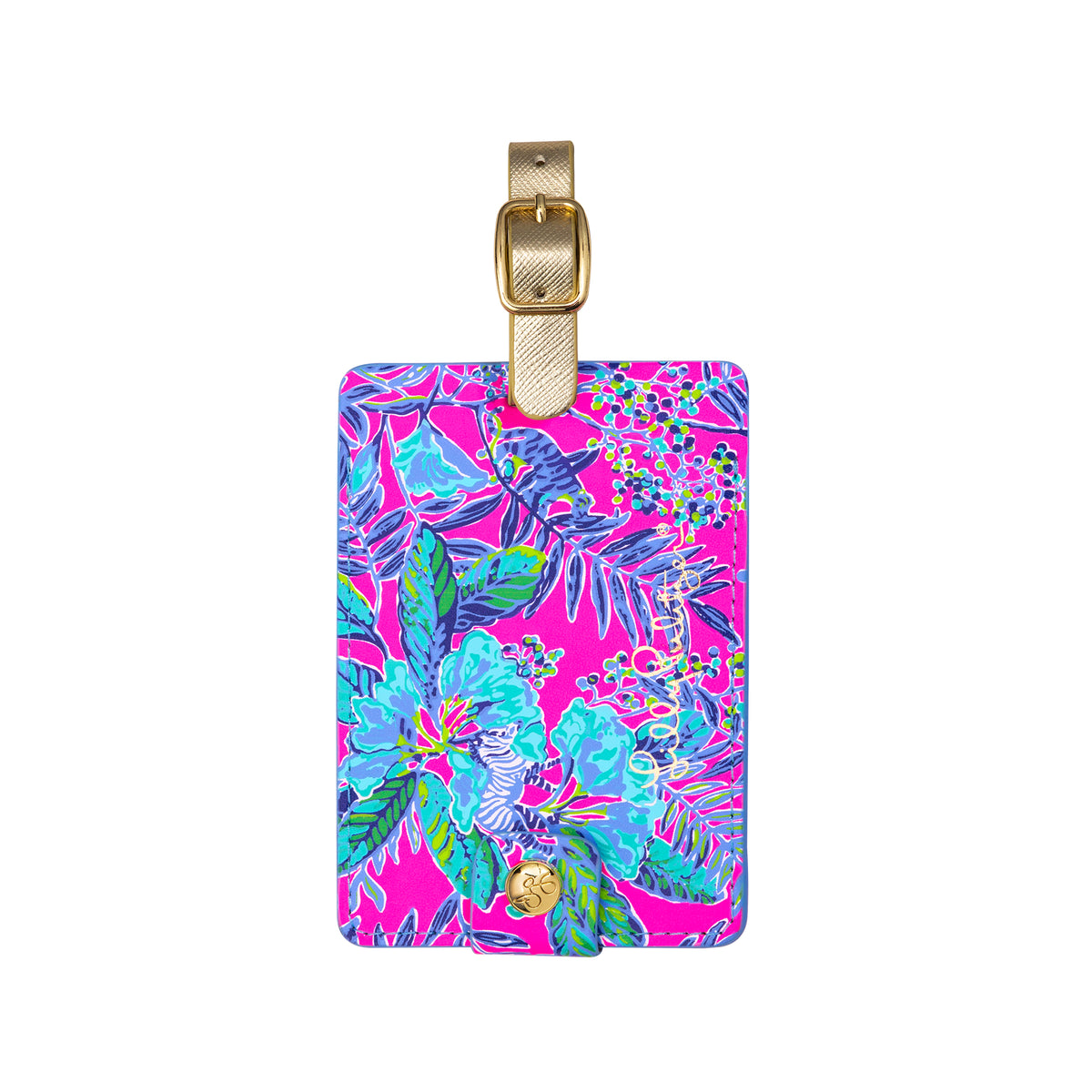back snap of hot pink and blue tropical luggage tag with gold metallic strap and gold 'paradise bound'