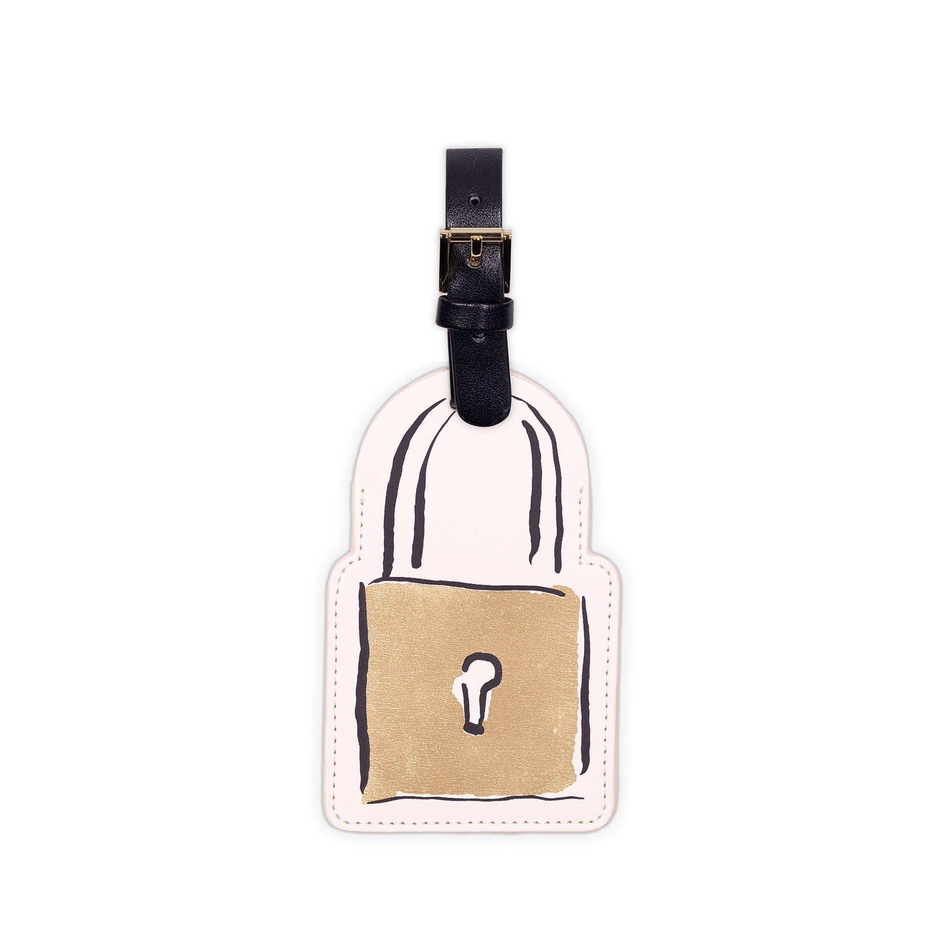 Luggage tag with lock design on a white background