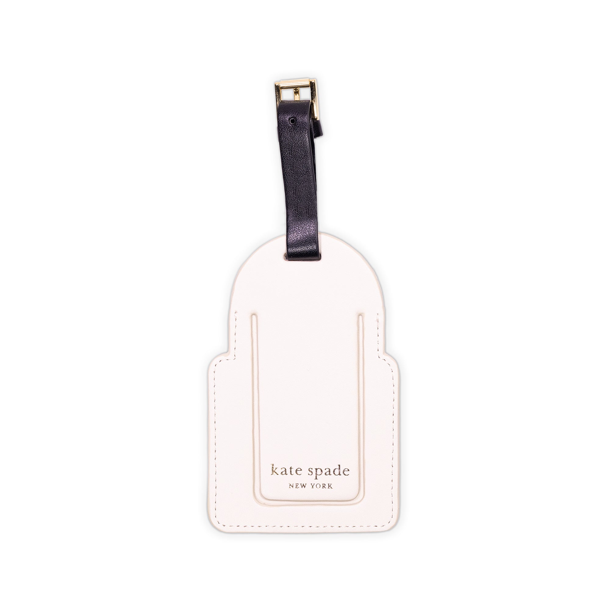 White luggage tag with black strap and 'kate spade new york' branding on a white background