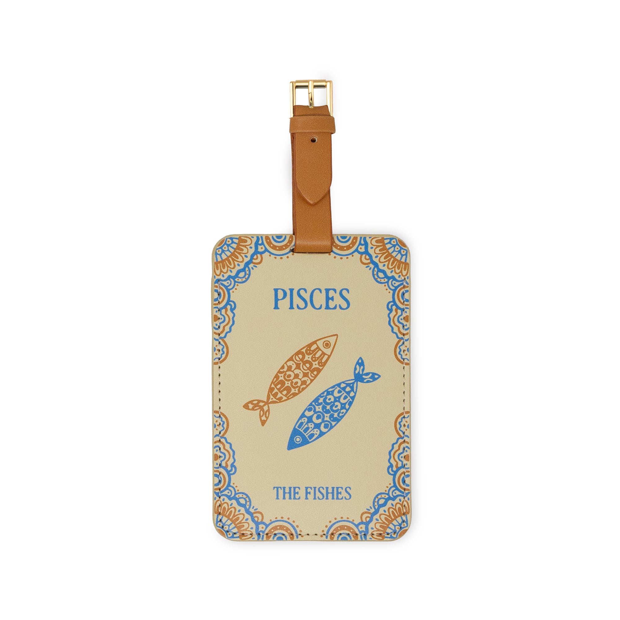 tan luggae tag with 'PISCES' ' THE FISHES' with two fish image