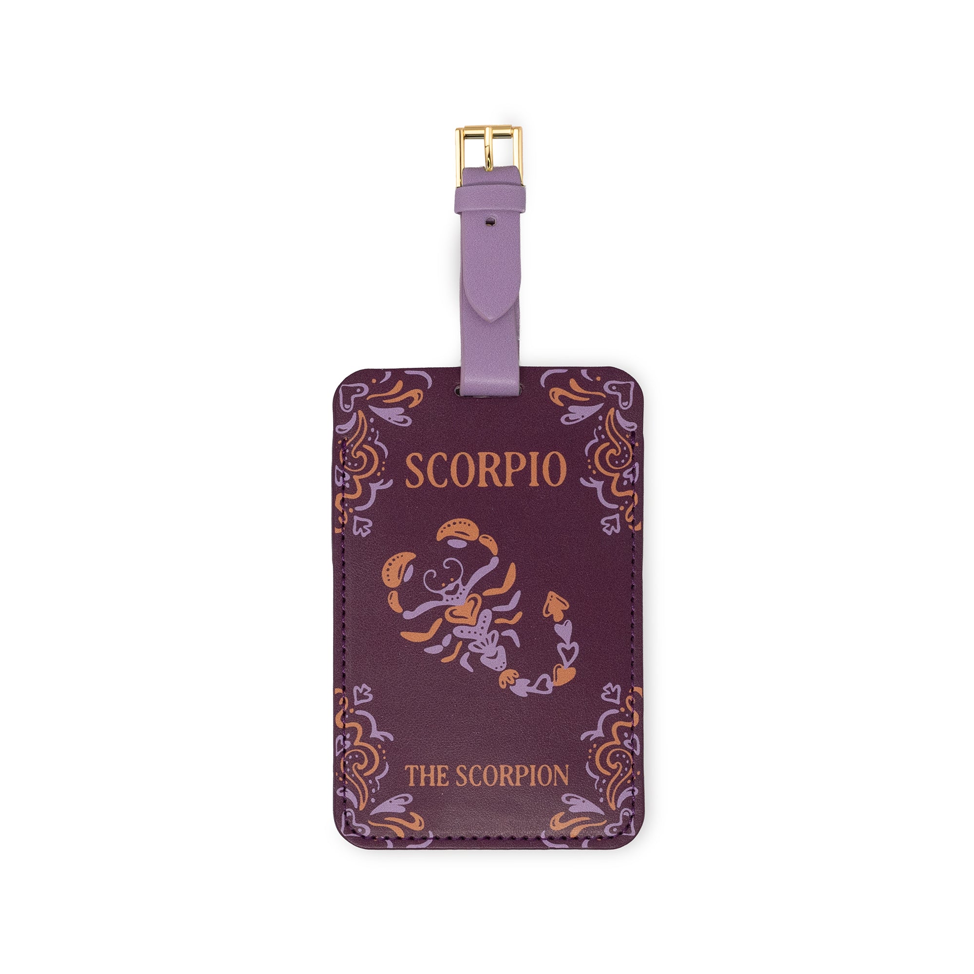 dark purple luggage tag with 'SCORPIO' and 'THE SCORPION' with scorpion image
