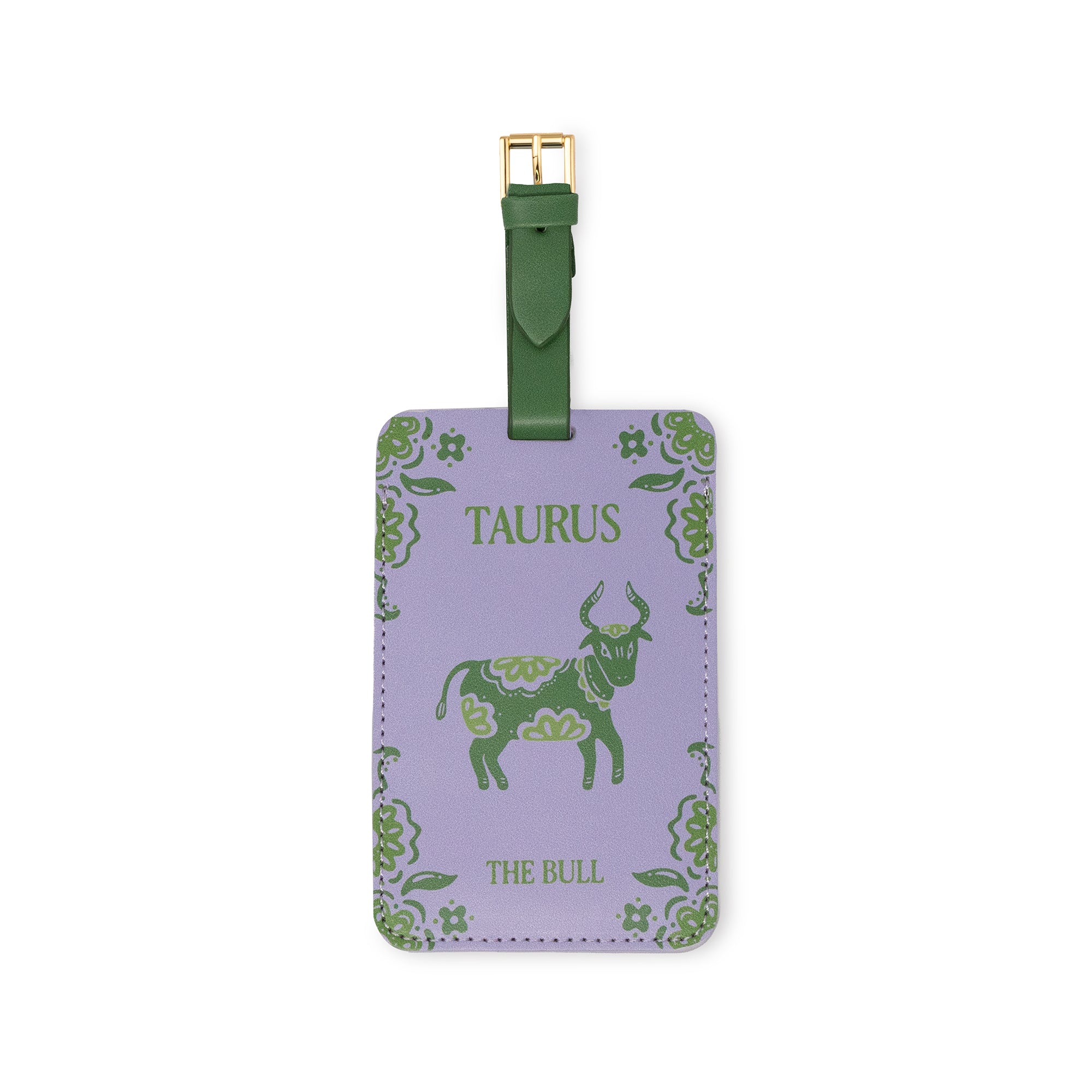 periwinkle luggage tag with green trim that says 'TAURUS' 'THE BULL' with bull image