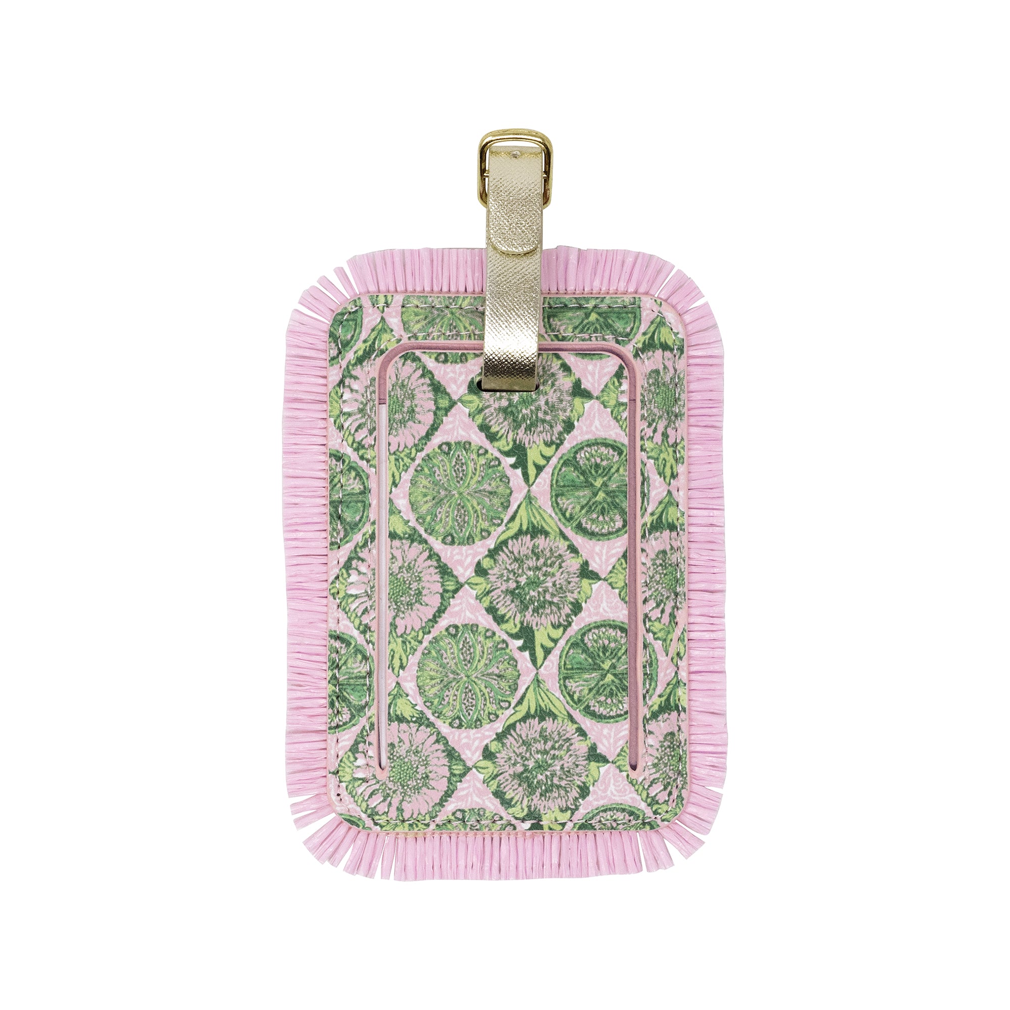 A rectangular luggage tag with a pink fringed border and a green botanical pattern insert, featuring a gold-tone metal loop at the top, shown on a plain white background.