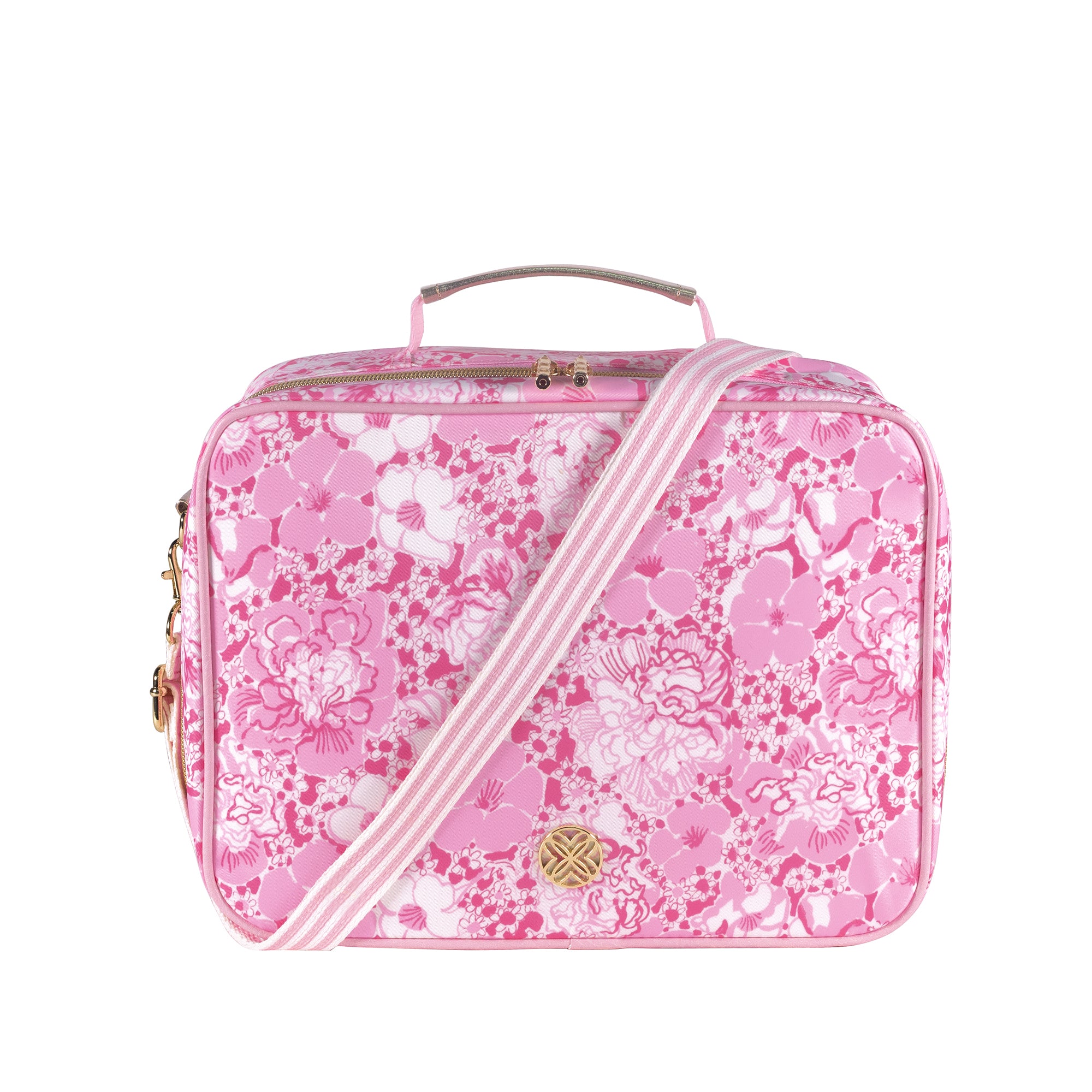pink floral lunch bag with pink and white stripe strap and gold hardware