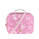 pink floral lunch bag with pink and white stripe strap and gold hardware
