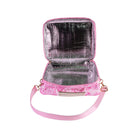 silver inside of pink floral lunch bag with pink and white stripe strap and gold hardware