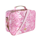 sideview of pink floral lunch bag with pink and white stripe strap and gold hardware
