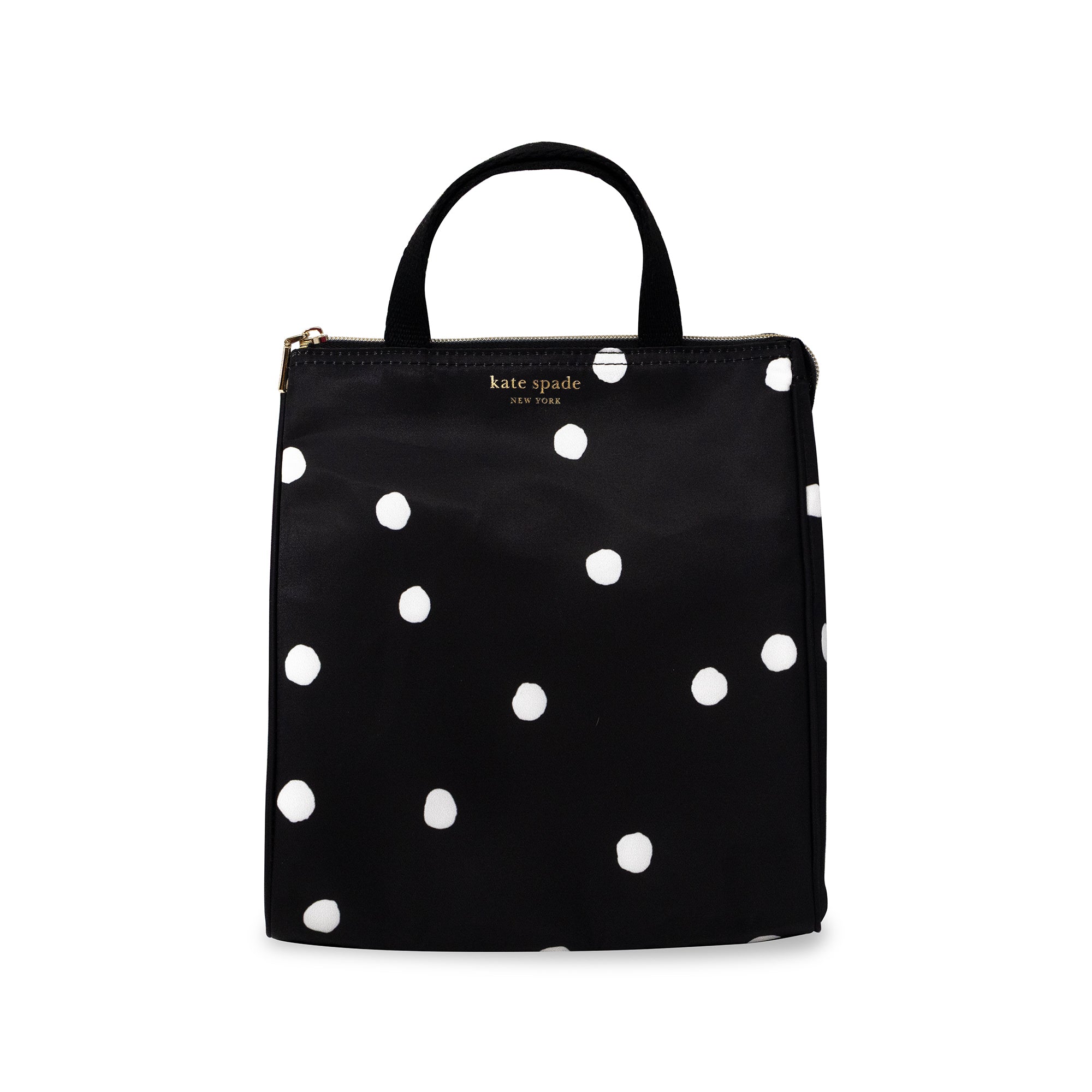 black lunch bag with white polka dots