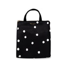 black lunch bag with white polka dots