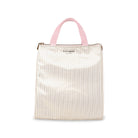 metallic gold and white pinstripe lunch bag with light pink handles