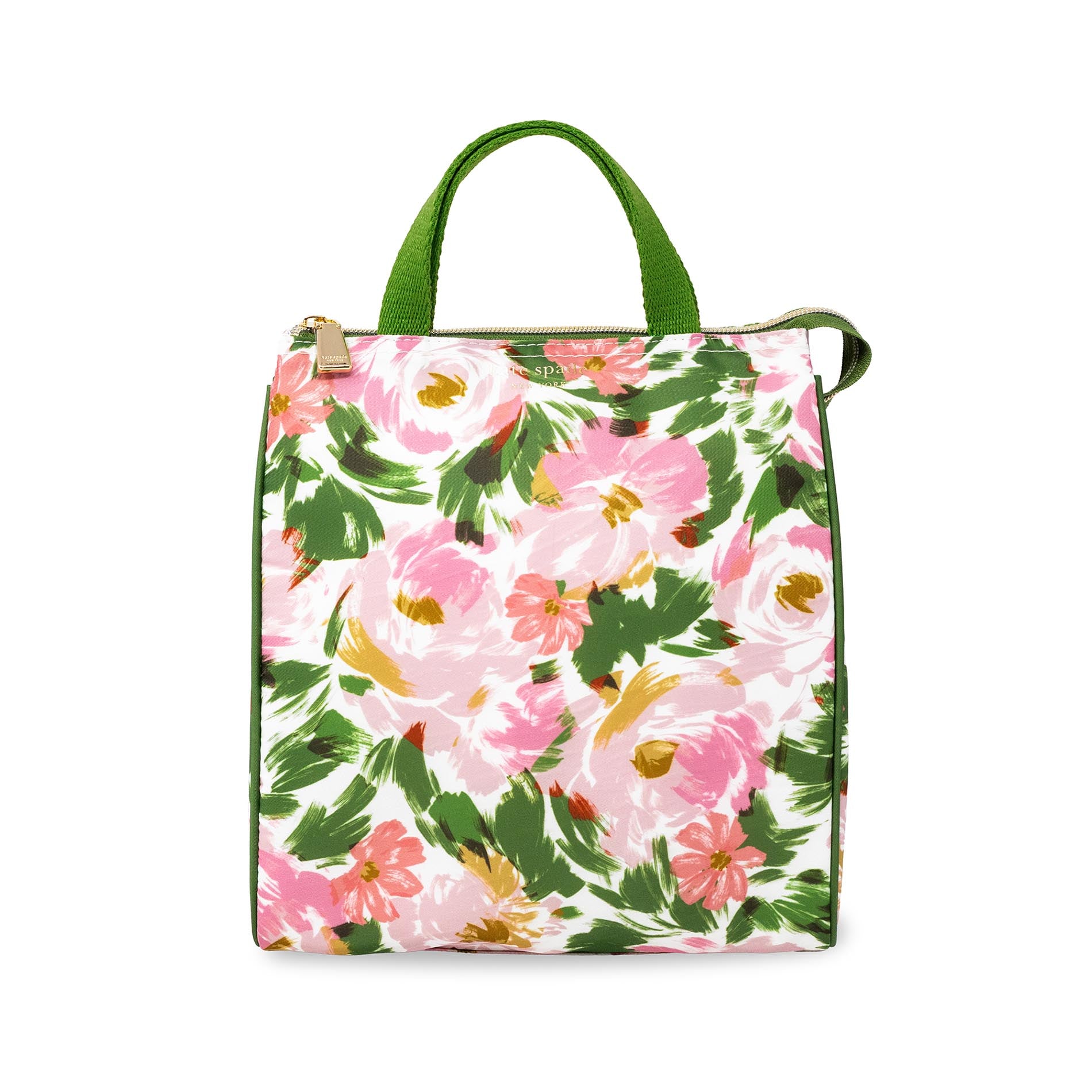 Floral patterned bag with green handles on a white background