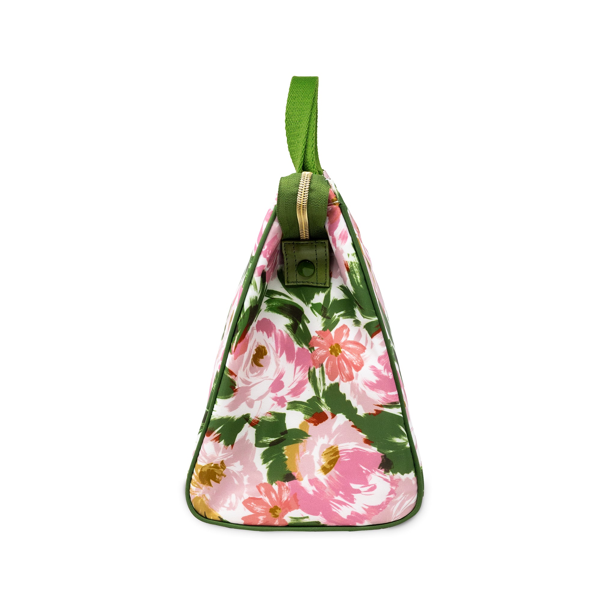 Floral-patterned bag with a green strap on a white background