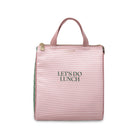 Pink lunch bag with 'LET'S DO LUNCH' text on a white background