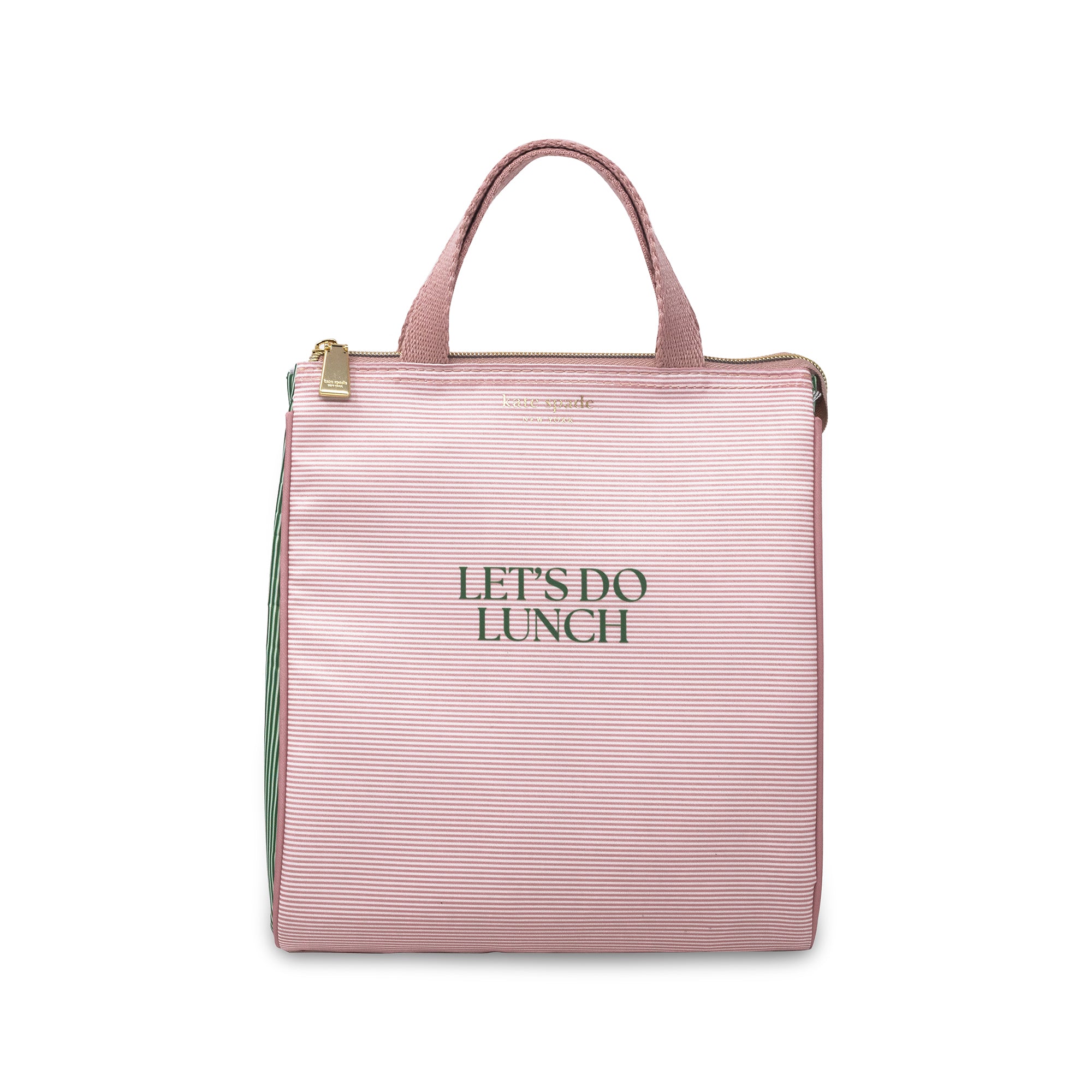Pink lunch bag with 'LET'S DO LUNCH' text on a white background