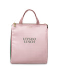 Pink lunch bag with 'LET'S DO LUNCH' text on a white background