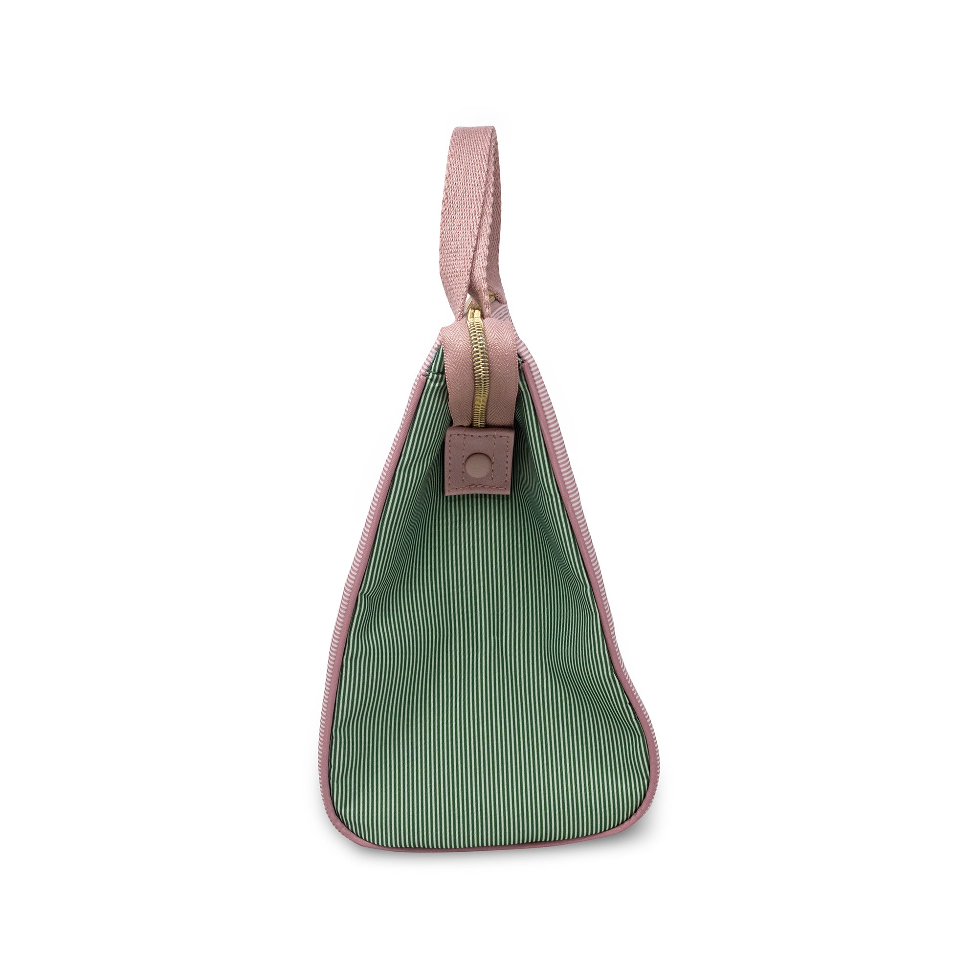 Green bag with pink strap and zipper on a white background