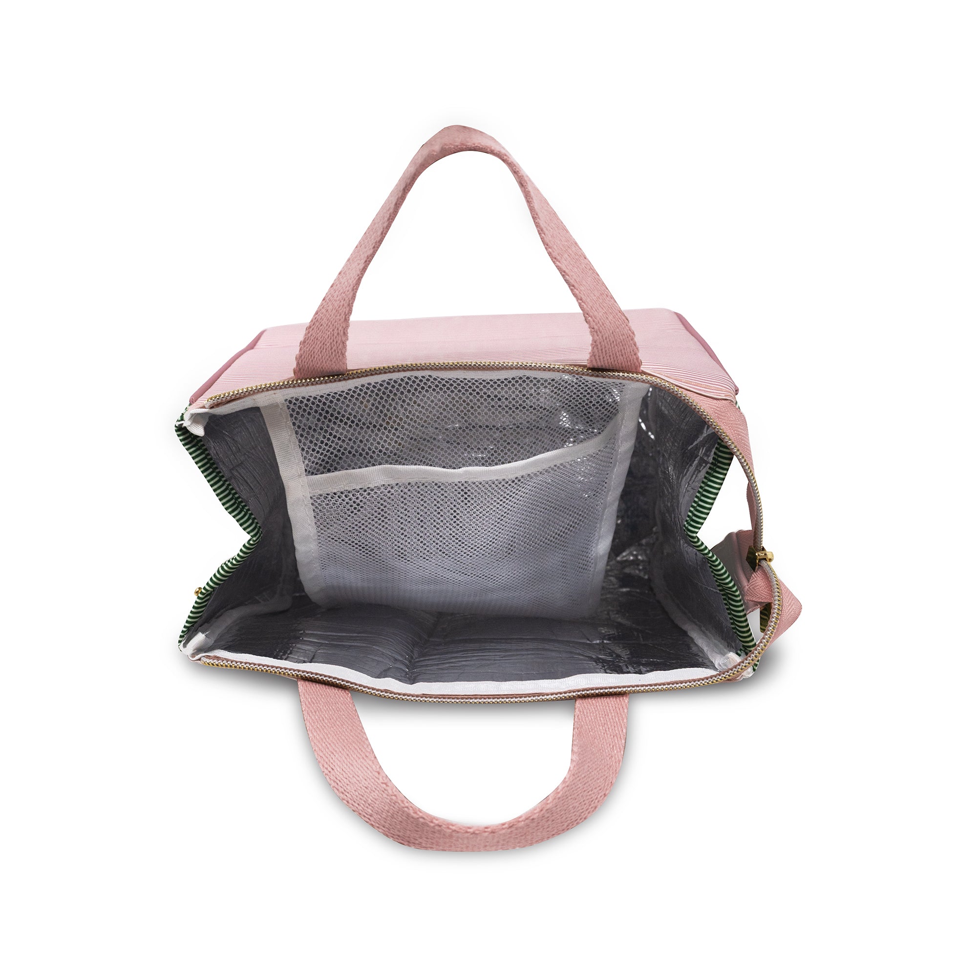Pink pet carrier with mesh side on a white background