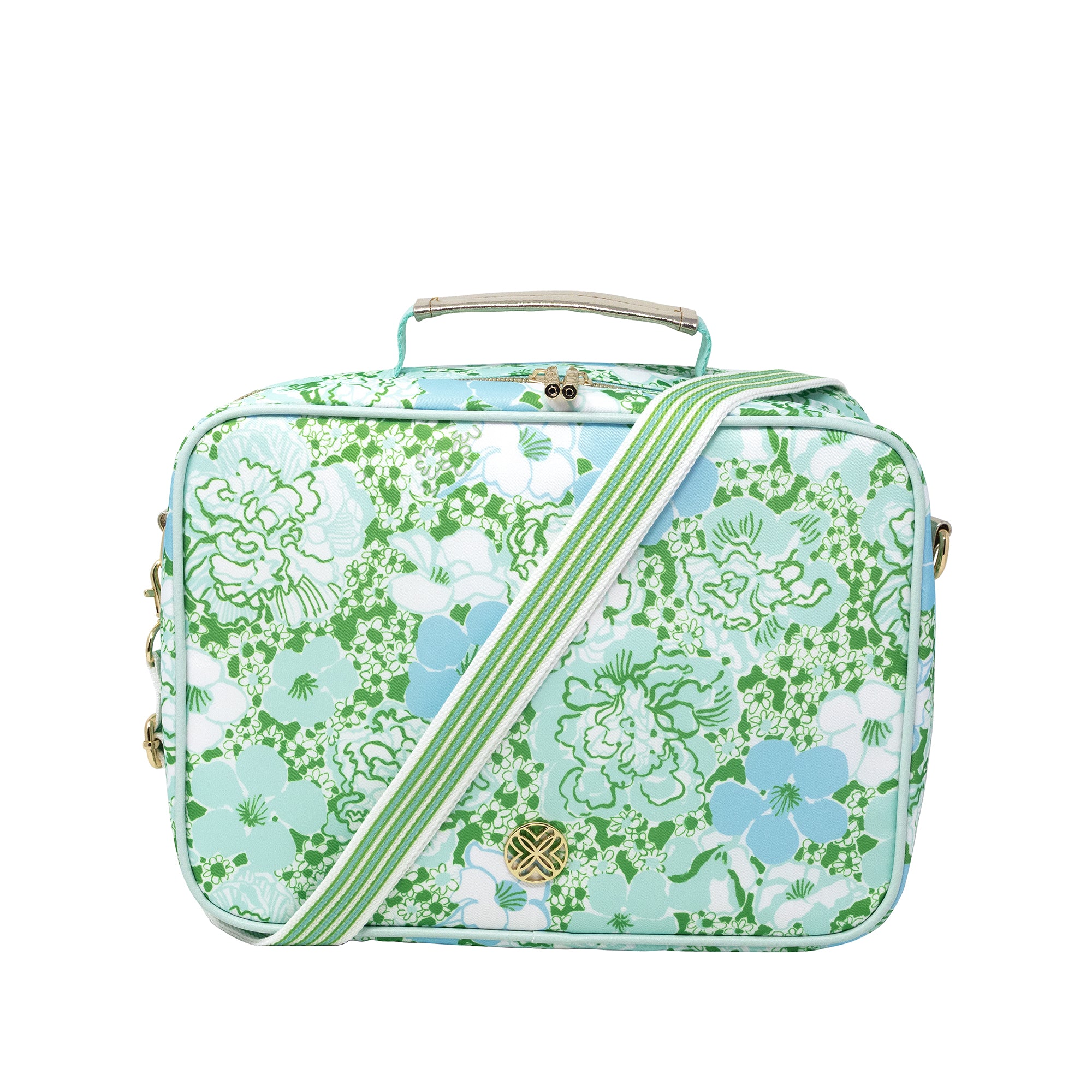 Floral patterned lunch bag with a green zipper on a white background