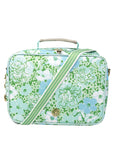 Floral patterned lunch bag with a green zipper on a white background