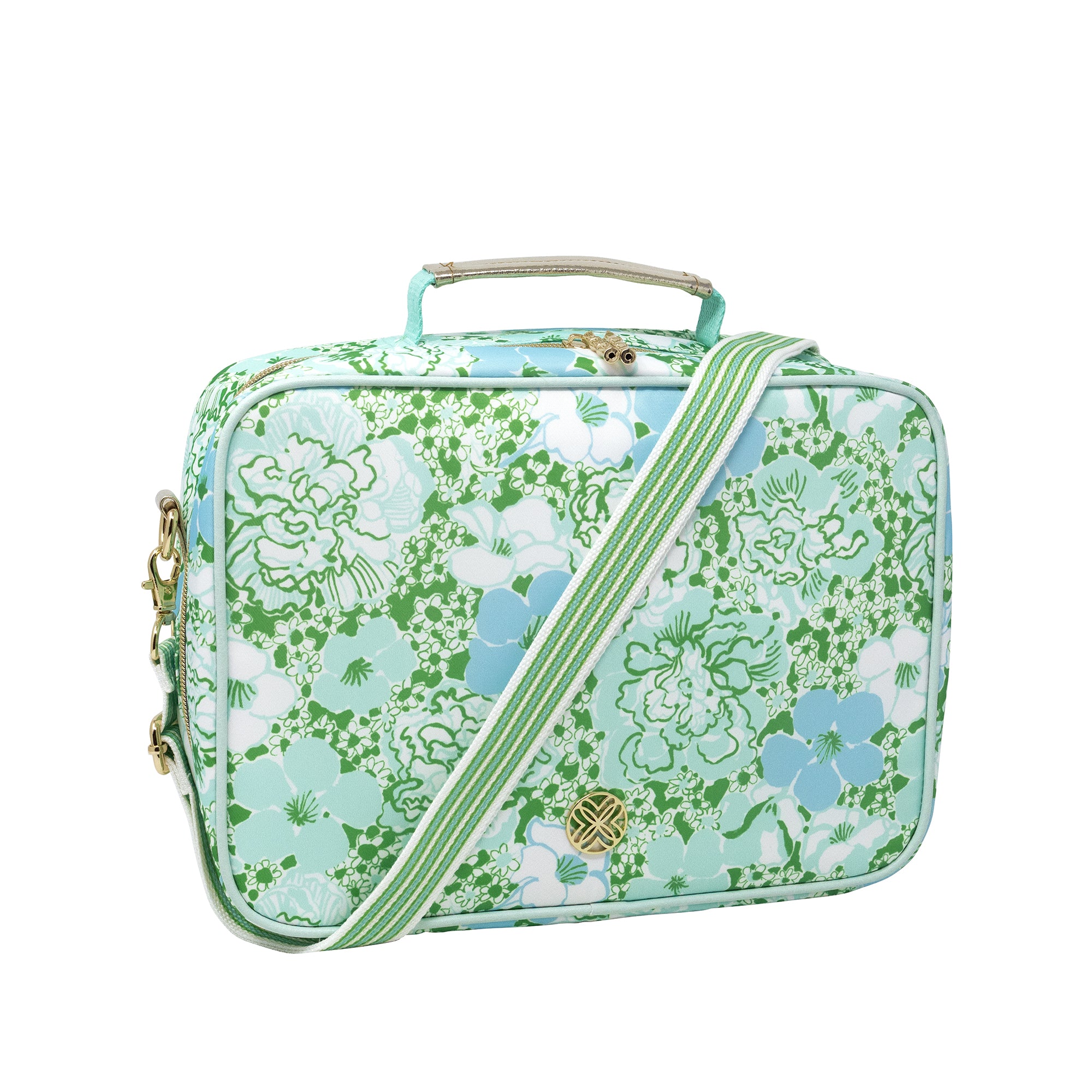 Floral patterned bag with a gold clasp on a white background
