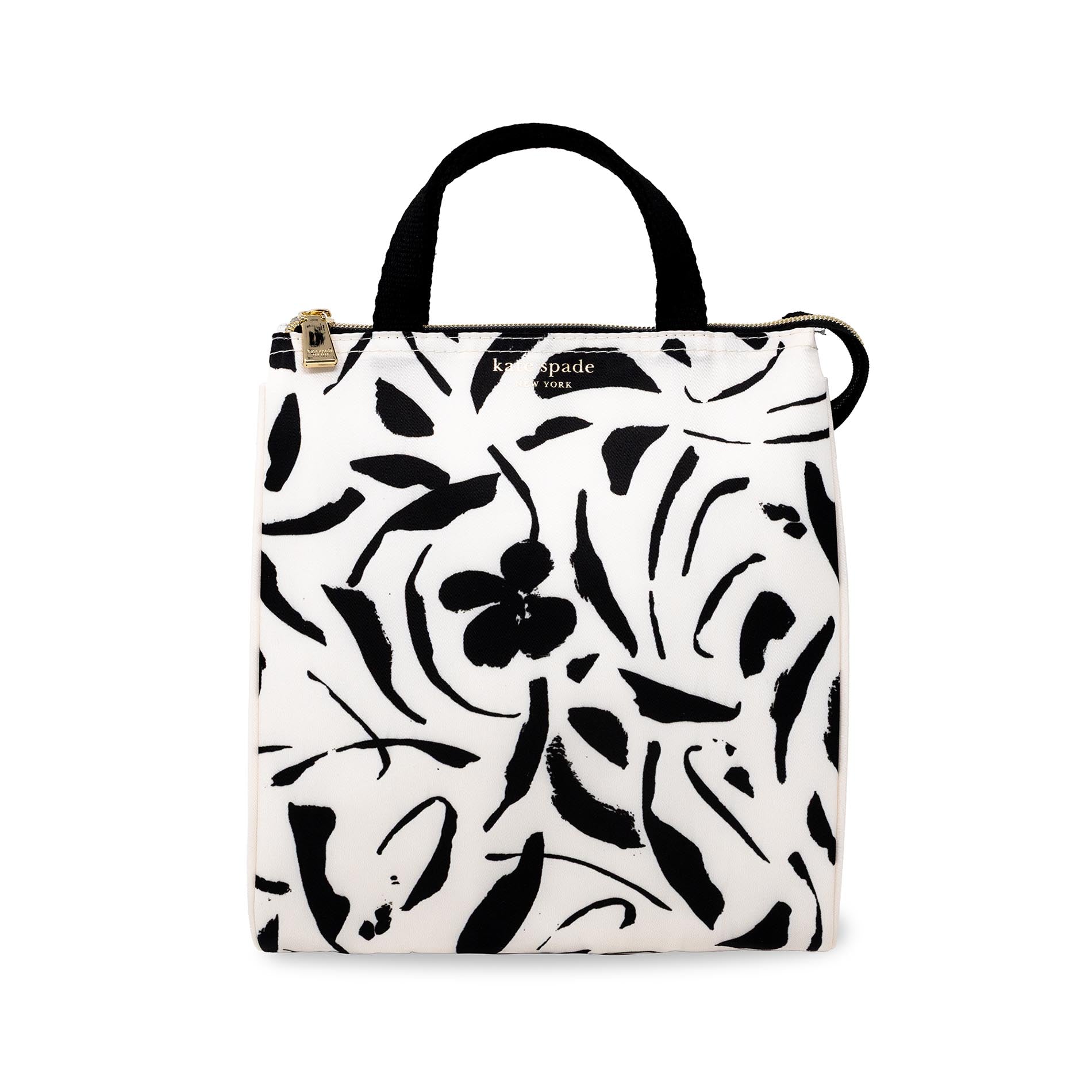 White lunch bag with black floral pattern on a white background